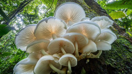 A stunning photograph of mushrooms growing on the side of a tree trunk in a dense forest, highlighting the symbiotic relationship between nature and fungi.の素材