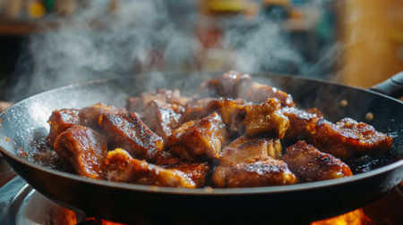 A sizzling skillet of fried pork ribs being served directly from the pan, with steam rising and a vibrant kitchen backdrop, highlighting the delicious preparation process.の素材