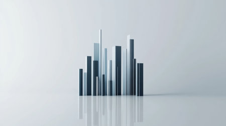 A sleek, minimal D bar graph with gray and blue bars, set against a clean white background with reflective surfaces and soft depthの素材