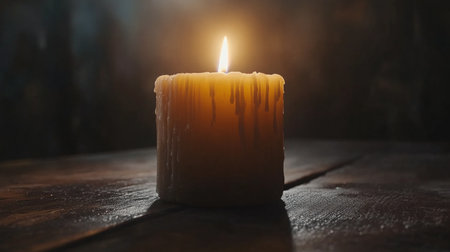 A single lit candle on a dark wooden table, with soft shadows and highlights emphasizing the wax texture and the warm glow of the flameの素材
