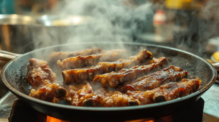 A sizzling skillet of fried pork ribs being served directly from the pan, with steam rising and a vibrant kitchen backdrop, highlighting the delicious preparation process.の素材