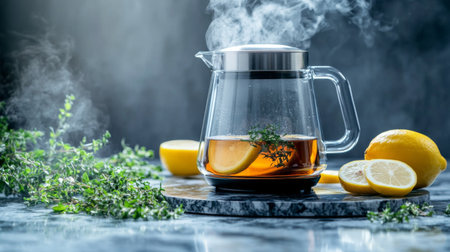 A sleek glass kettle filled with boiling water, placed on a marble countertop with fresh lemon slices and herbs, highlighting an inviting tea preparation sceneの素材
