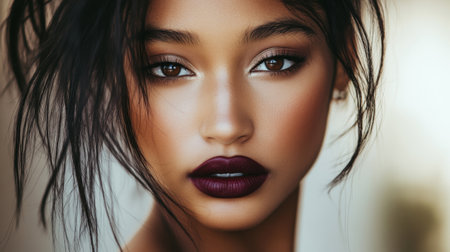 A striking close-up of a woman with deep-set eyes and bold lipstick, her confident expression exuding elegance and strength against a soft backdropの素材