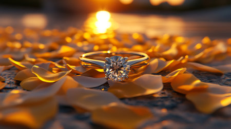 A sparkling diamond engagement ring placed on a bed of delicate petals, creating a romantic and enchanting atmosphereの素材