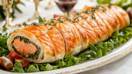 A stunning image of a salmon en crote, wrapped in flaky pastry with herbs and spices, presented elegantly on a platter, showcasing culinary creativityの素材