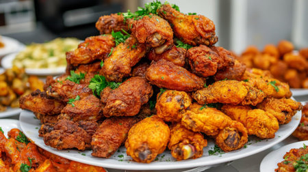 A tempting assortment of fried chicken wings piled high on a white serving platter, garnished with fresh herbs and spices for an inviting lookの素材