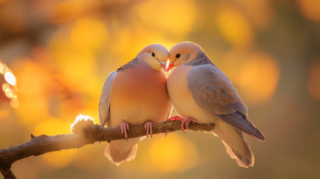 A tender close-up of a pair of doves nestled together on a branch, their feathers softly illuminated by warm sunlight, creating a serene and romantic atmosphereの素材