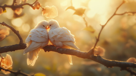 A tender close-up of a pair of doves nestled together on a branch, their feathers softly illuminated by warm sunlight, creating a serene and romantic atmosphereの素材