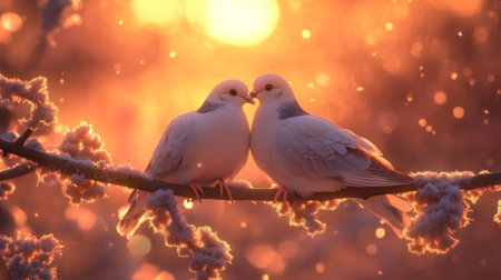 A tender close-up of a pair of doves nestled together on a branch, their feathers softly illuminated by warm sunlight, creating a serene and romantic atmosphereの素材