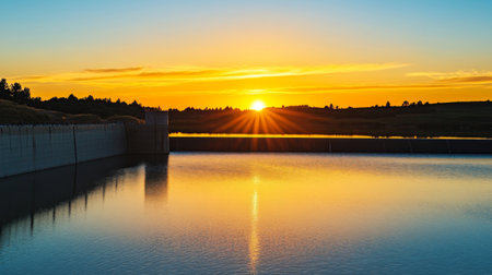 A tranquil evening scene of a reservoir with a dam, surrounded by silhouettes of trees, as the sun sets and casts a peaceful ambiance over the waterの素材