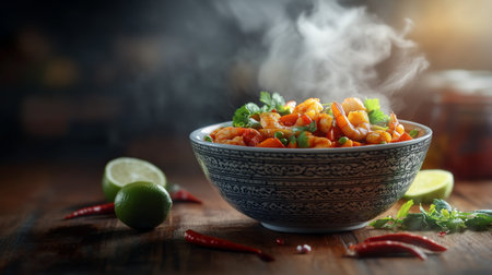 A steaming bowl of hot and sour shrimp soup with vibrant red and green herbs, set on a wooden table with ingredients like lime and chili peppers surrounding itの素材