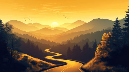 A tranquil sunset view of a winding road through the mountains, bathed in warm golden light, with silhouettes of trees and hills creating a peaceful atmosphere.の素材