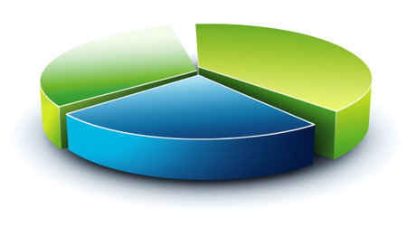 A sleek financial pie chart with colorful segments in shades of blue and green, set against a white background, showcasing clean lines and sharp detailsの素材