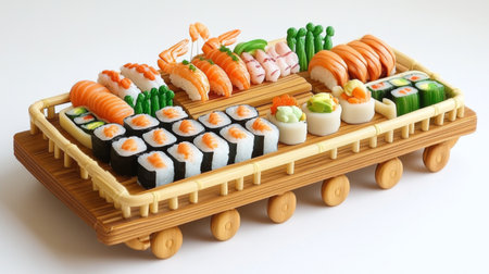 A stunning display of sushi rolls and sashimi, artfully arranged on a wooden platter, showcasing the freshness and variety of seafood in Japanese cuisineの素材