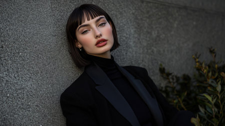 A stylish shot of a woman with a sleek bob haircut, confidently posing in an urban setting, capturing the essence of modern elegance and sophisticationの素材