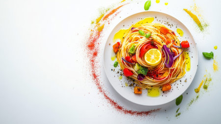 A top-down view of a colorful spaghetti dish with mixed vegetables, drizzled with olive oil and lemon, served on a beautiful plate against a white background.の素材