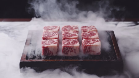A tempting image of marbled steak cuts on a grill, sizzling and surrounded by smoke, capturing the deliciousness of cooking fresh meatの素材