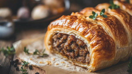 An appealing image of a gourmet sausage roll, golden-brown and flaky, placed on a rustic wooden table, highlighting the deliciousness of this popular snackの素材