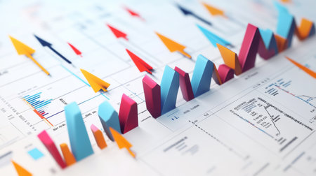 A D-rendered stock market chart with arrows pointing upward and downward, symbolizing the highs and lows of market trends, isolated on a white background.の素材