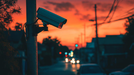 An outdoor bullet CCTV camera on a tall pole overlooking a quiet street at dusk, with a soft orange sky in the backgroundの素材