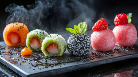 A beautifully styled dessert platter featuring different flavors of daifuku, including matcha, strawberry, and black sesame, set against a dark backgroundの素材