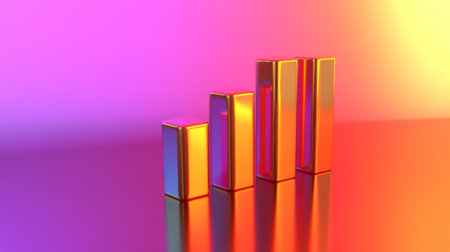 A D stacked bar chart with metallic bars in ascending order, placed on a reflective surface, highlighting financial progress in a clean, minimalist designの素材