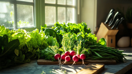 A beautiful kitchen countertop displaying freshly picked vegetables from the garden, including lettuce, radishes, and green beans, ready for meal preparation.の素材