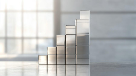 A D stacked bar chart with metallic bars in ascending order, placed on a reflective surface, highlighting financial progress in a clean, minimalist designの素材