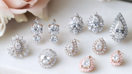 A beautiful arrangement of various styles of diamond earrings, including studs and drops, set on a white marble background, emphasizing their shineの素材