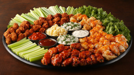 A beautifully arranged platter of chicken wings coated in various sauces, including buffalo and barbecue, accompanied by celery sticks and dipping sauceの素材