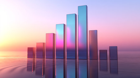 A clean, minimalist D bar chart with sleek, glossy bars in different heights, each representing financial growth over time, set against a neutral backdropの素材