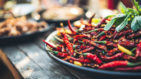 A close-up of a plate of spicy dishes garnished with chopped chilies, with vibrant colors and textures creating a tantalizing culinary experienceの素材