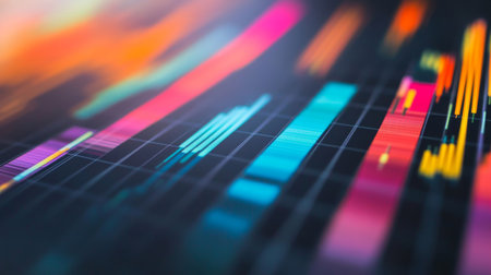 A close-up of a financial graph with colorful bar charts and line graphs, with an emphasis on data visualization and financial performance metrics.の素材
