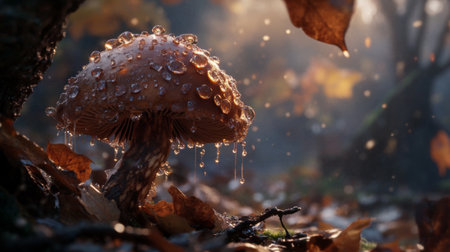 A close-up of a brown mushroom with water droplets glistening on its surface, surrounded by fallen leaves and twigs, evoking a natural woodland sceneの素材