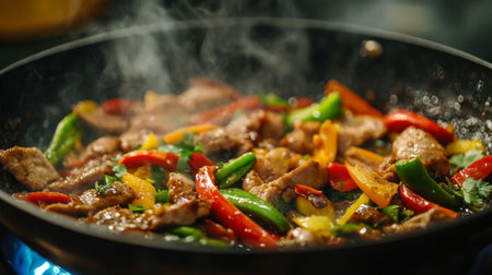 A close-up of a sizzling pan with a delicious stir-fry, showing vibrant vegetables and tender meat cooking in a hot, bubbling sauce.の素材