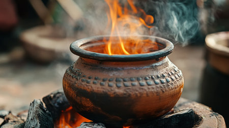 A close-up of a traditional Thai clay pot  simmering over an open flame, capturing the rustic feel of outdoor cooking.の素材