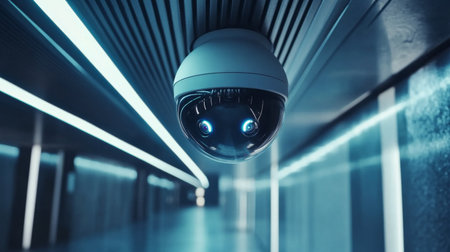 A close-up of a dome-shaped security camera on a smooth metal ceiling inside a sleek, futuristic building corridorの素材