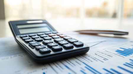A close-up of a modern calculator with a sleek design and large, clear display, set on a desk with financial documents and a pen nearby.の素材