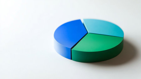 A sleek financial pie chart with colorful segments in shades of blue and green, set against a white background, showcasing clean lines and sharp detailsの素材