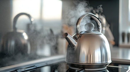 A close-up of a stainless steel kettle on a modern stovetop, with steam rising from the spout, ready for boiling water for tea or coffee.の素材