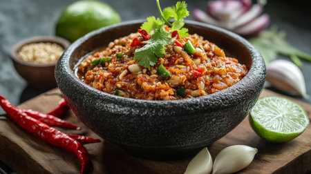 A bowl of spicy Thai chili sauce  with fresh ingredients like garlic, lime, and chili peppers arranged beside it, ready to enhance a traditional meal.の素材