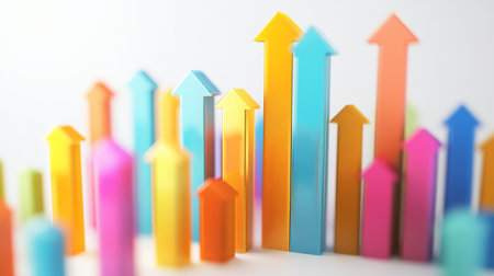 A D-rendered bar graph representing financial growth, with vibrant colors and arrows pointing upwards on a white background, symbolizing economic progress.の素材