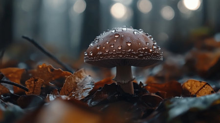 A close-up of a brown mushroom with water droplets glistening on its surface, surrounded by fallen leaves and twigs, evoking a natural woodland sceneの素材