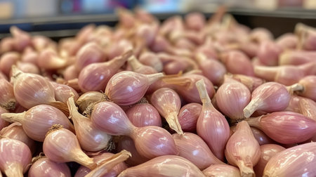A close-up of shallots and onions piled together in a market display, highlighting the different sizes and colors, creating a rich and inviting food sceneの素材