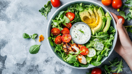 A colorful salad bowl filled with mixed greens, cherry tomatoes, avocado, and grilled chicken, topped with a drizzle of ranch dressing, creating a fresh mealの素材