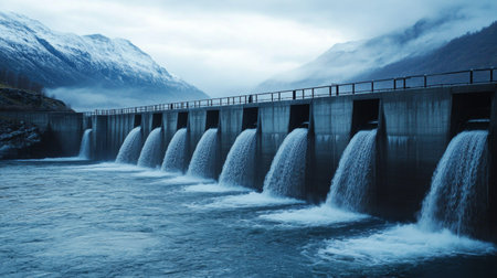 A close-up of the concrete structure of a dam, with water cascading over the spillway, creating a misty spray against a backdrop of mountainsの素材