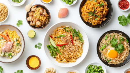 A creative flat lay of various noodle dishes, including pad Thai, ramen, and lo mein, arranged on a white background to showcase the variety and appeal of the dishes.の素材