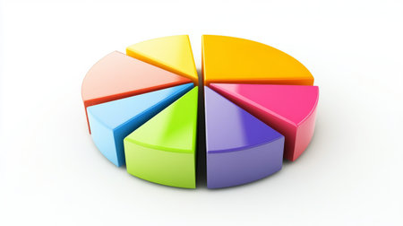 A colorful D pie chart with multiple segments, each section raised slightly to emphasize data distribution, set against a clean white background.の素材