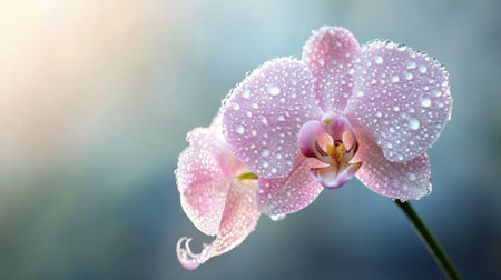A delicate orchid with dew drops on its petals, captured in soft morning light, highlighting the elegance and freshness of the flower.の素材
