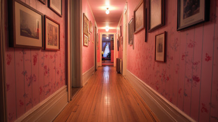 A cozy and inviting hallway with wooden flooring, soft lighting, and framed pictures on the walls, creating a warm atmosphere that welcomes guestsの素材